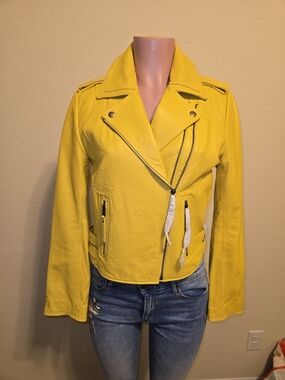 Joie Bright Yellow 100% Lamb Leather Moto Jacket